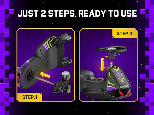 Instructional graphic showing how to mount a pedal cart in two steps on a purple background with the text 'JUST 2 STEPS, READY TO USE'.
