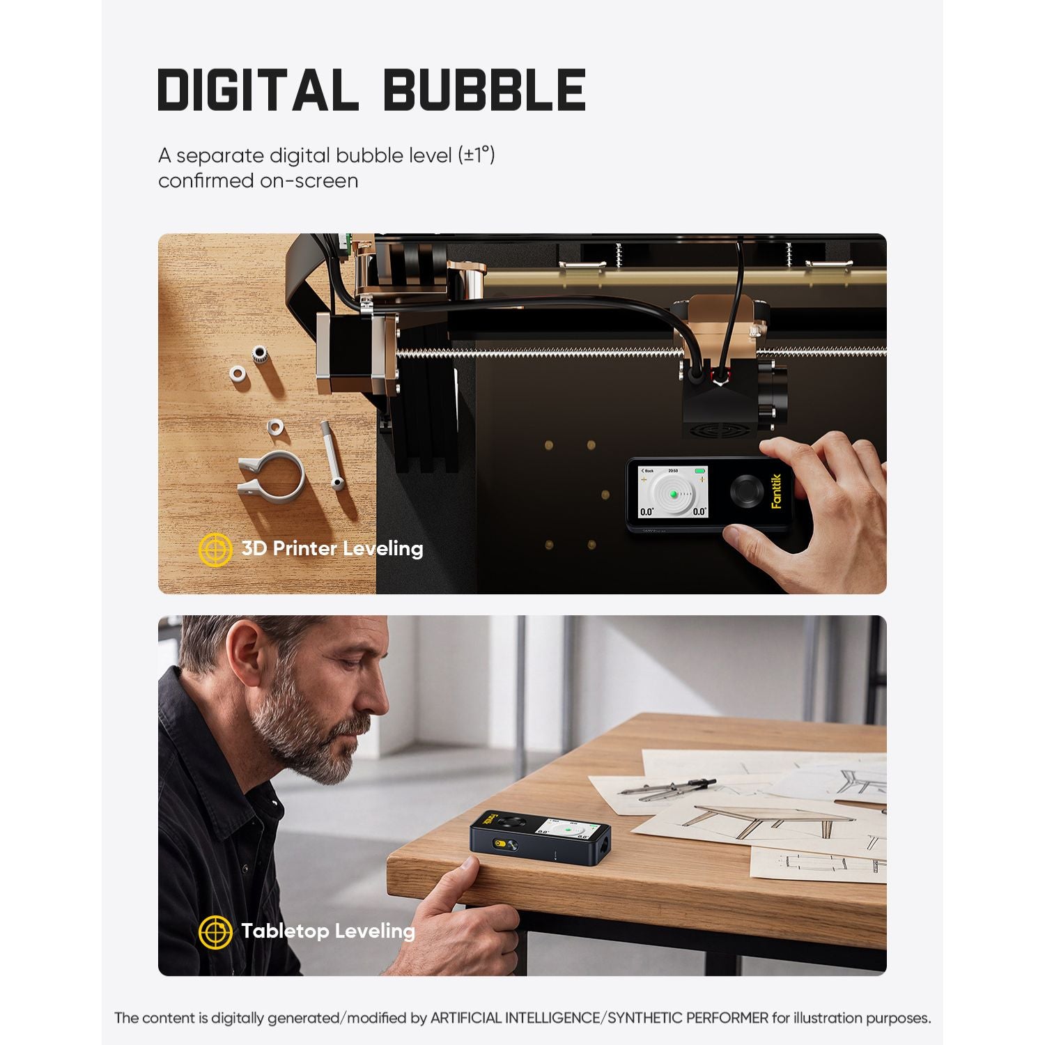 Digital bubble level for 3D printer and tabletop leveling with a person using it.