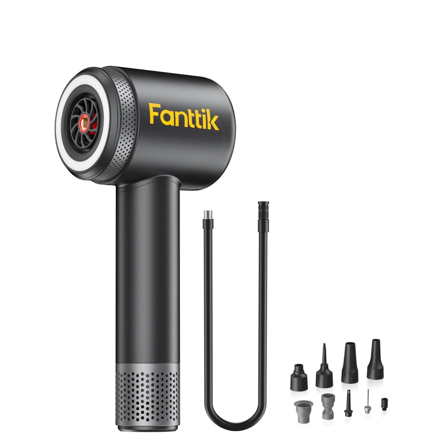 A X9 Classic Tire Inflator in matte black with a yellow brand logo, shown alongside a flexible hose and multiple nozzle attachments on a plain white background.