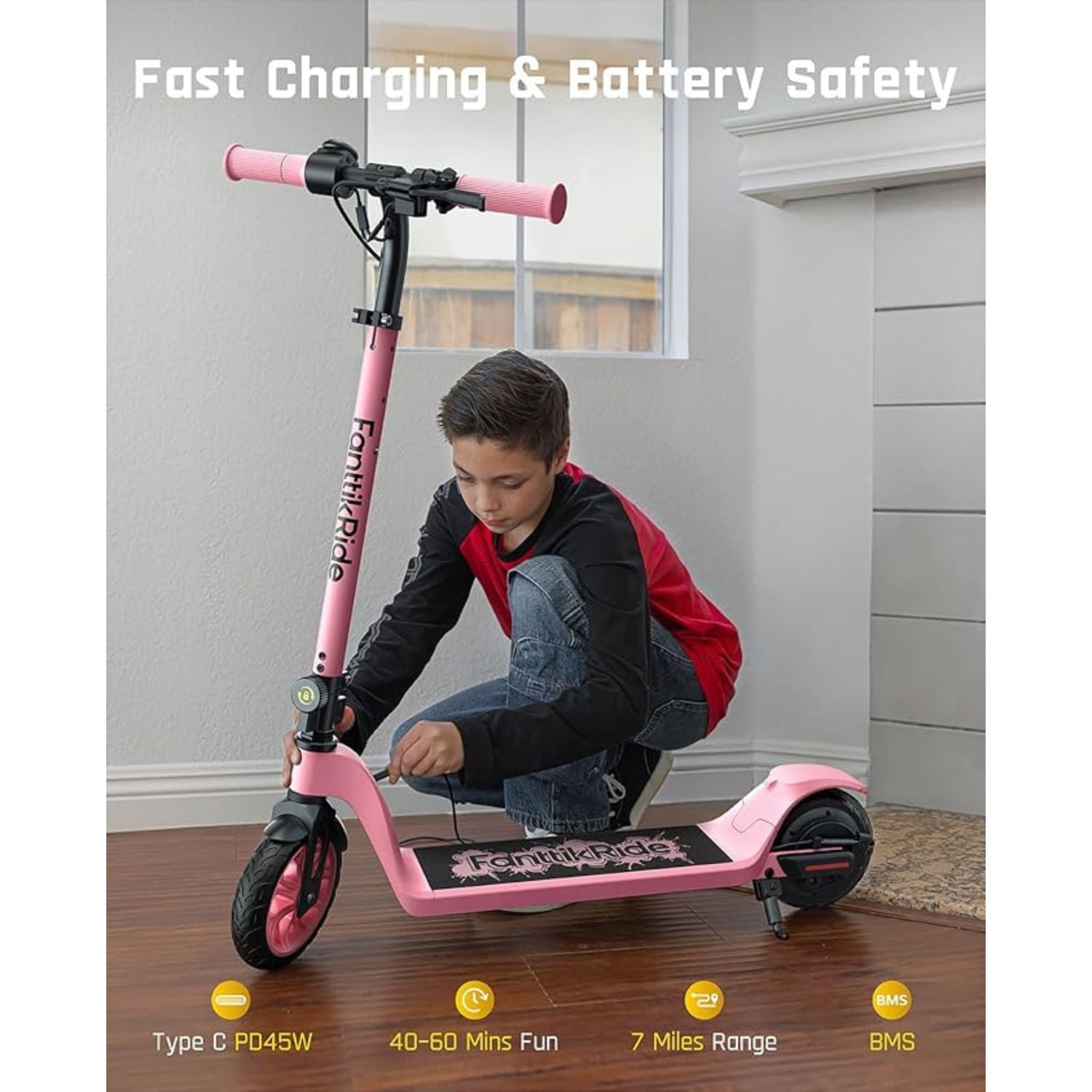 FanttikRide T10 Electric Scooter for Kids,LED Battery Level,7/10/12 MPH, Height Adjustable and 45W Fast Charging, Foldable Electric Scooter for Kids 4.3-5.6 ft, Foldable E-Scooter