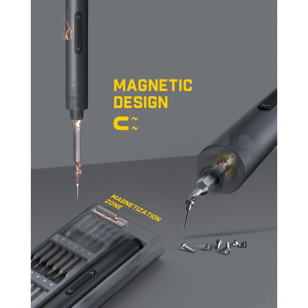 E1 PRO Mini Electric Screwdriver with magnetic bits design, if you open the shell upside down, the internal screw parts will not fall out. The whole body is magnetic, and there is a magnetization zone at the bottom, and the drill bit touches here for 5 seconds to complete the magnetization.