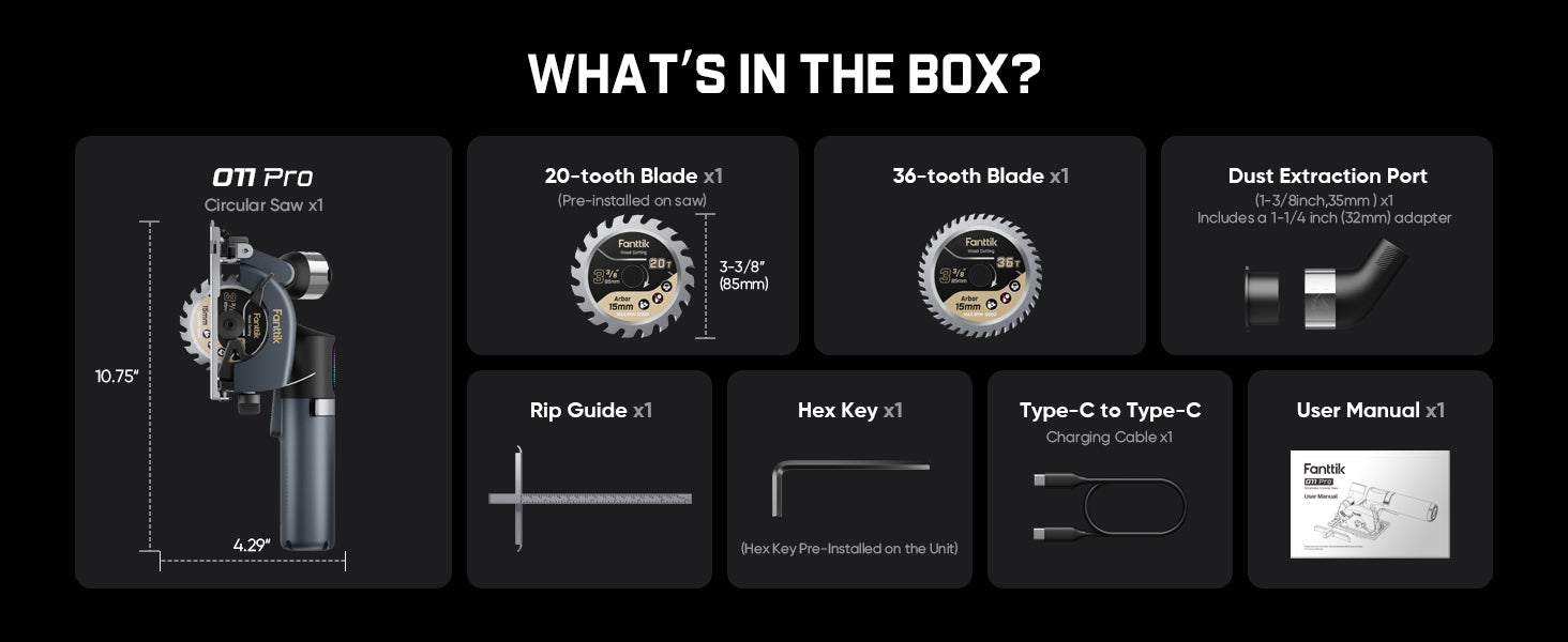 Box contents overview graphic titled 'WHAT'S IN THE BOX?' on a black background, showing included items for an O11 Pro circular saw blade set: O11 Pro saw, two saw blades, dust extraction port, rip guide, hex key, Type-C to Type-C charging cable, and user manual.