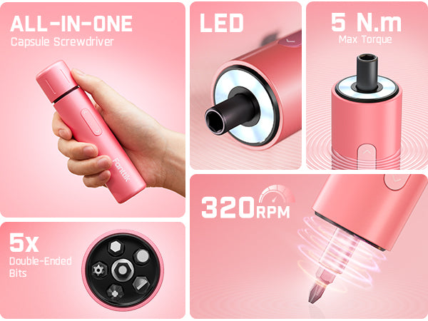 Fanttik S1 Capsule 3.7V Cordless Screwdriver, Electric Screwdriver, Max 5 N.m, 320 RPM Motor, 5 Pcs Double-Ended Bits, Compact Design, LED Light, 1/4''Hex, Idea Tool for Furniture, Appliances