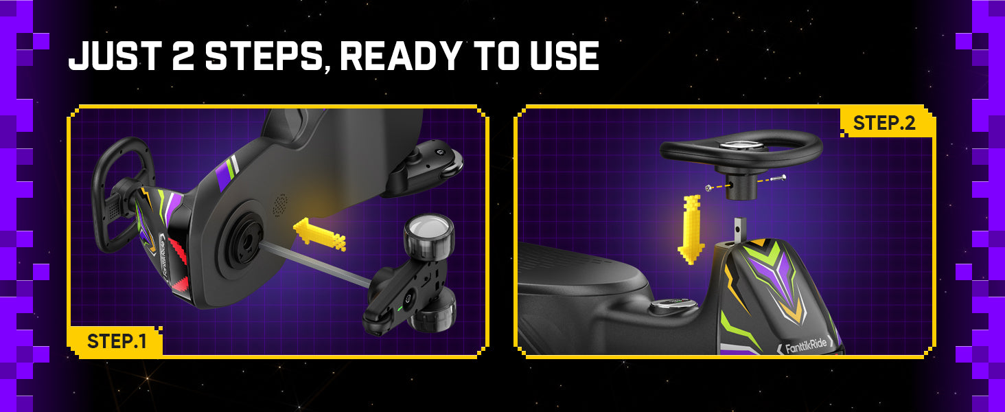 Instruction graphic showing two steps to use a ride-on toy attachment, with the text 'JUST 2 STEPS, READY TO USE' on a dark purple background.