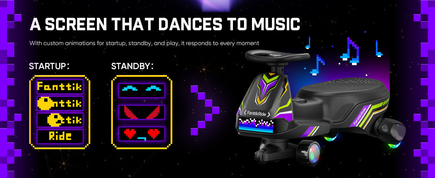 A children's ride-on toy shown on a dark digital background with promotional text. The toy is black with purple, pink, and green neon-style accents.