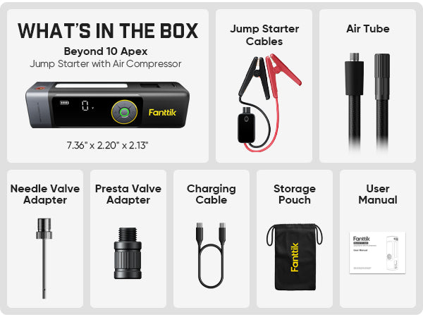 Box contents overview for a Fanttik Beyond 10 Apex jump starter with air compressor, showing included items such as jump starter cables, air tube, needle valve adapter, presta valve adapter, charging cable, storage pouch, and user manual on a light gray background.