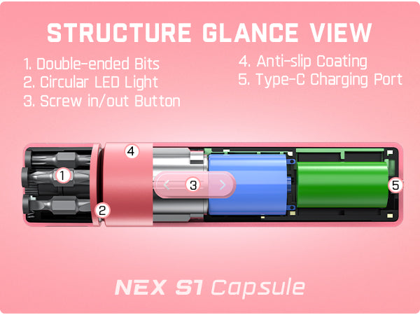 Fanttik S1 Capsule 3.7V Cordless Screwdriver, Electric Screwdriver, Max 5 N.m, 320 RPM Motor, 5 Pcs Double-Ended Bits, Compact Design, LED Light, 1/4''Hex, Idea Tool for Furniture, Appliances