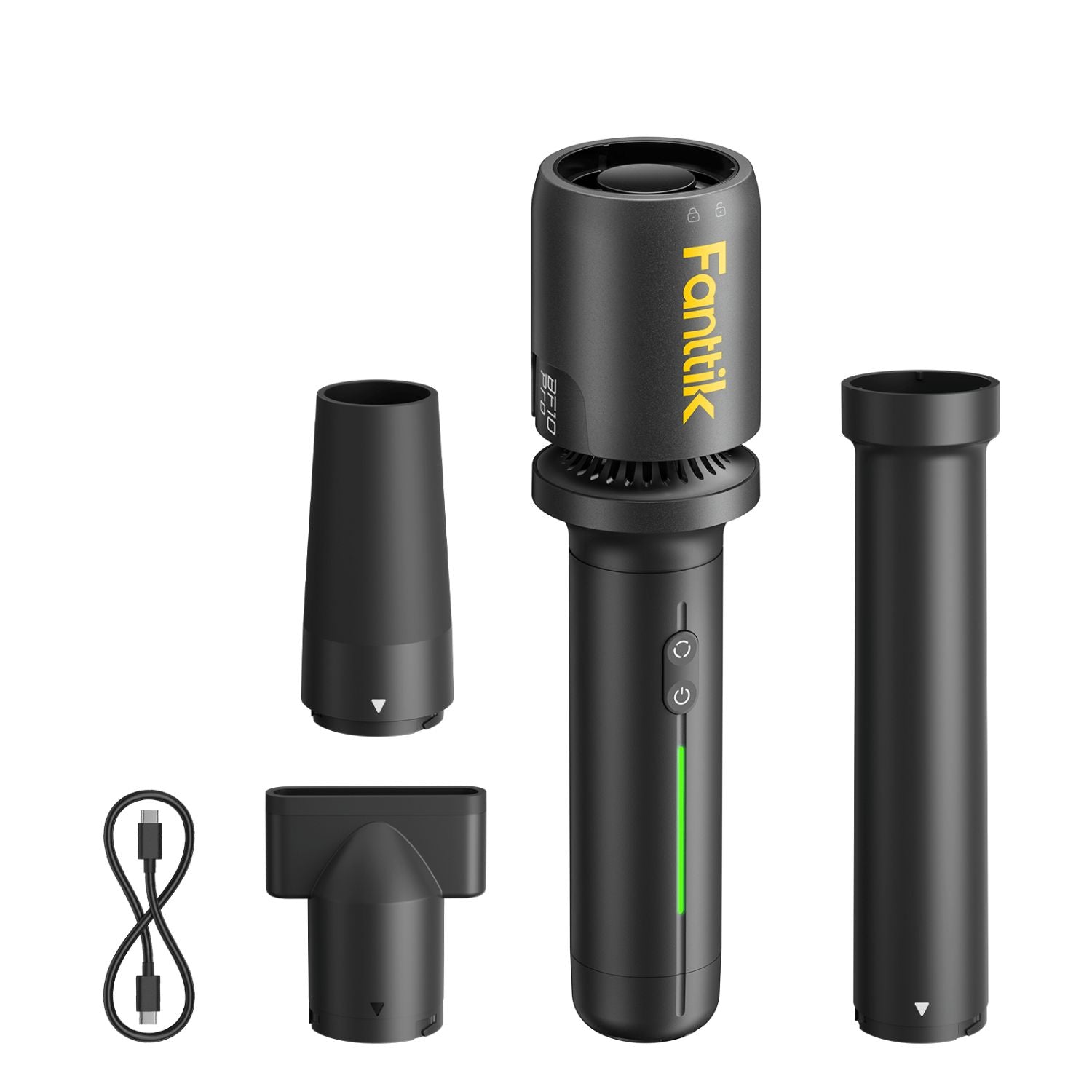 A Fanttik BF10 Pro Cordless Leaf Blower with multiple accessories and a USB charging cable, shown on a plain white background. The main device is black with a yellow 'Fanttik' logo and a green vertical indicator light.