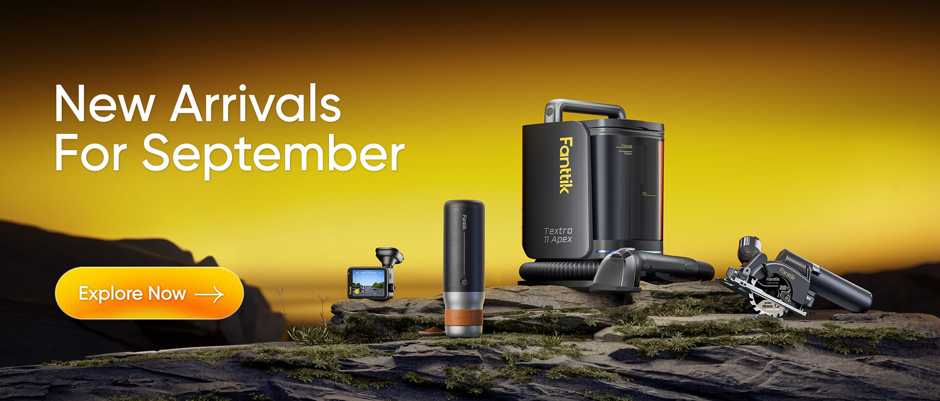 Fanttik's promotional banner for its September new products features four items: a dashcam, a fabric cleaner, a portable coffee mug, and a circular saw. It also includes an "EXPLORE NOW" CTA button.