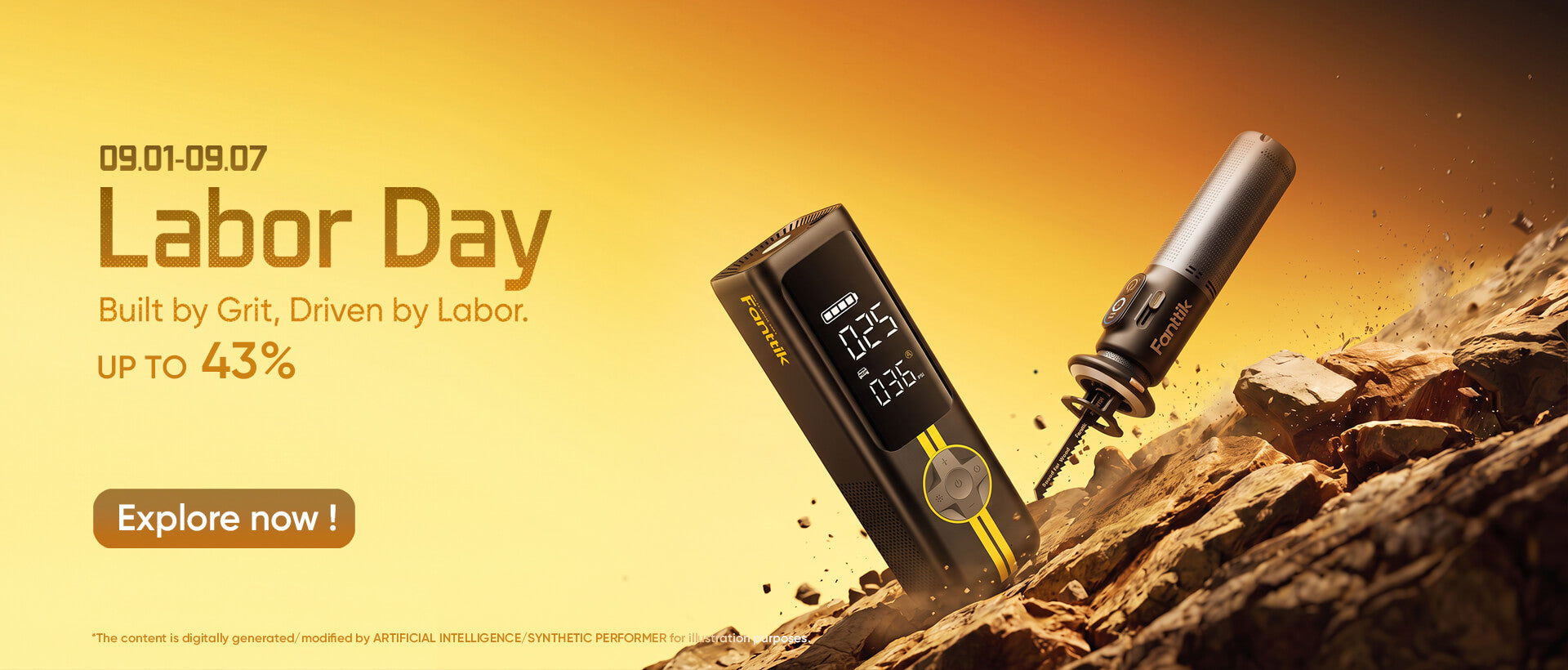 A promotional banner for a reciprocating saw and a car tire inflator set against a rocky, dusty background with a warm yellow-to-orange gradient. Text on the left reads 'Labor Day' with additional promotional copy and an 'Explore now' button.