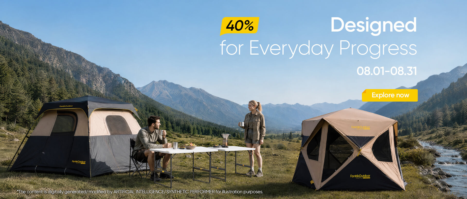 Back-to-school season themed banner, the event runs from August 1st to August 31st. with large promotional text reads '40% for Everyday Progress' and 'Designed for Everyday Progress' with an 'Explore now' button. Click to jump to the product promotion page. 