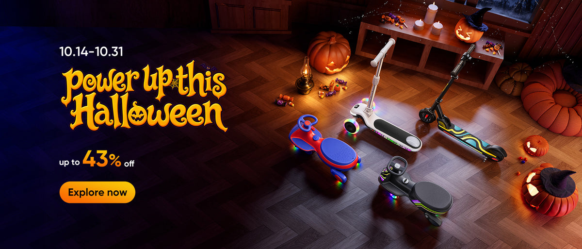 Halloween promotion banner for kids' scooters and wiggle car, running from October 14th to 31st, offering up to 43% off.