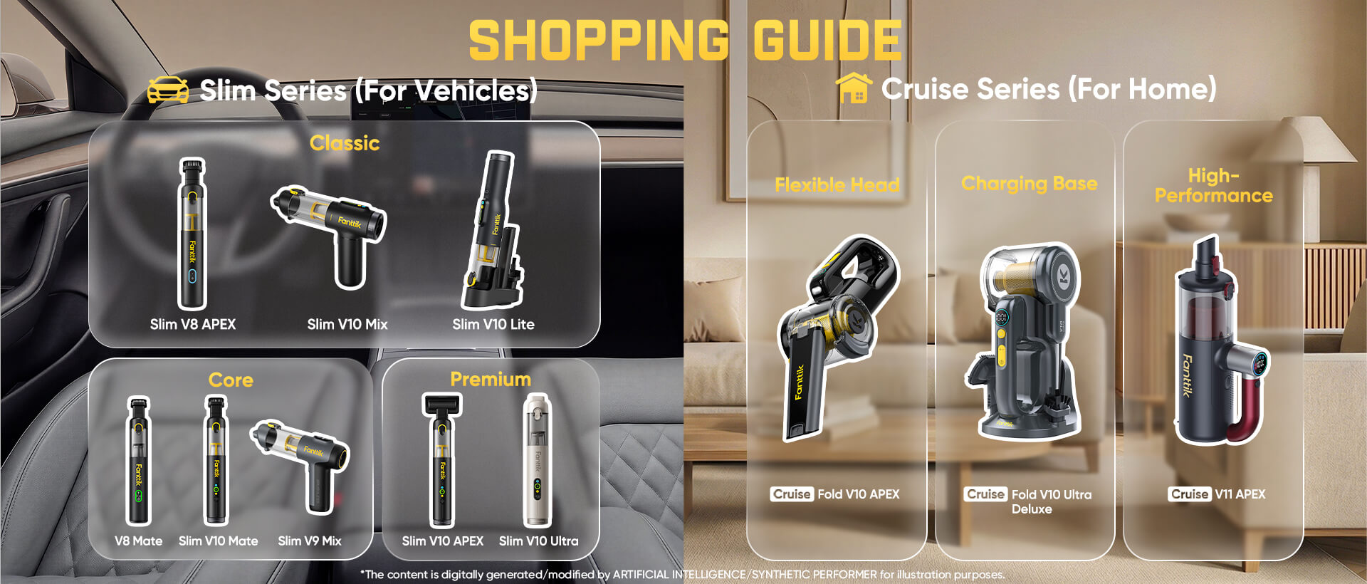 A shopping guide infographic for cordless vacuum cleaners, split into two sections: 'Slim Series (For Vehicles)' on the left showing four models inside a car interior, and 'Cruise Series (For Home)' on the right showing four models in a living room setting. The image features product renderings with labels and comparison icons.