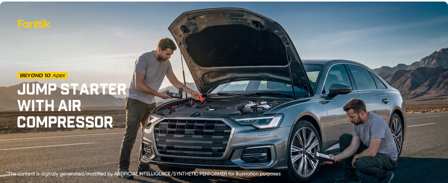 A silver sedan parked outdoors on a desert road with two men working under the open hood and wheel. Large promotional text on the left reads 'JUMP STARTER WITH AIR COMPRESSOR.