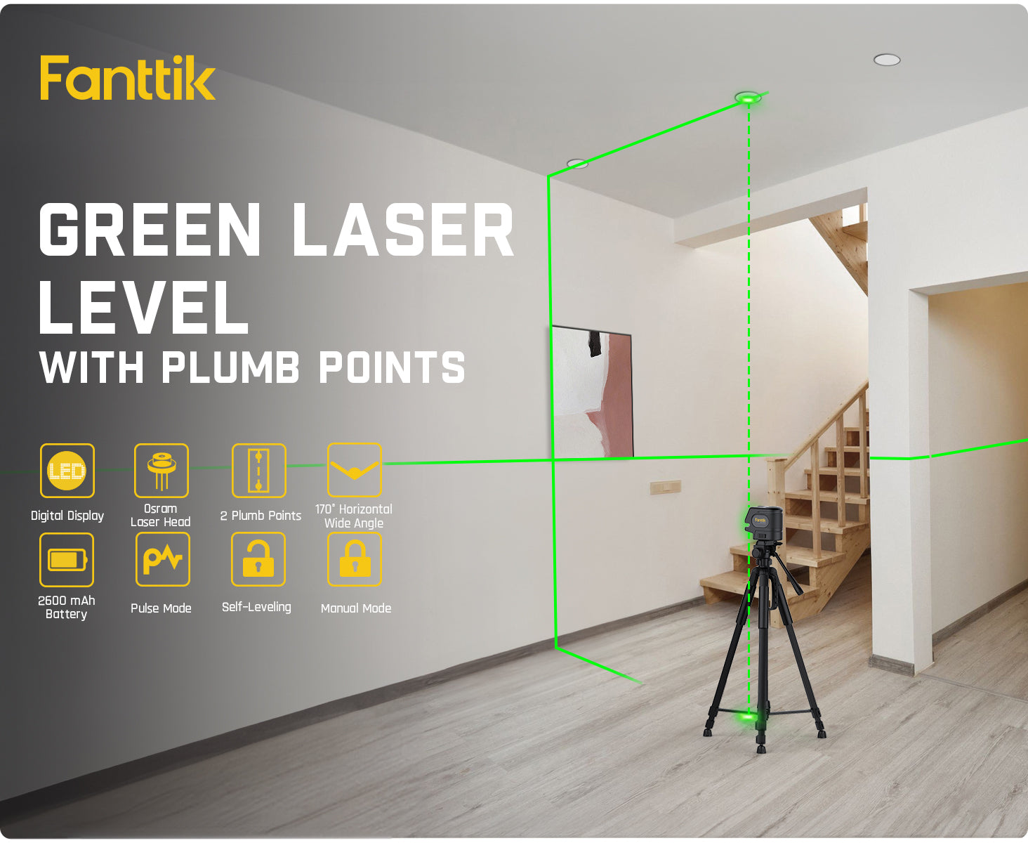 Fanttik D2 APEX Laser Level with Plumb Points, 100 ft Self-Leveling Green Cross Line Laser, 170° Horizontal Wide Angle, Magnetic Bracket, for Picture Hanging and Home Improvement