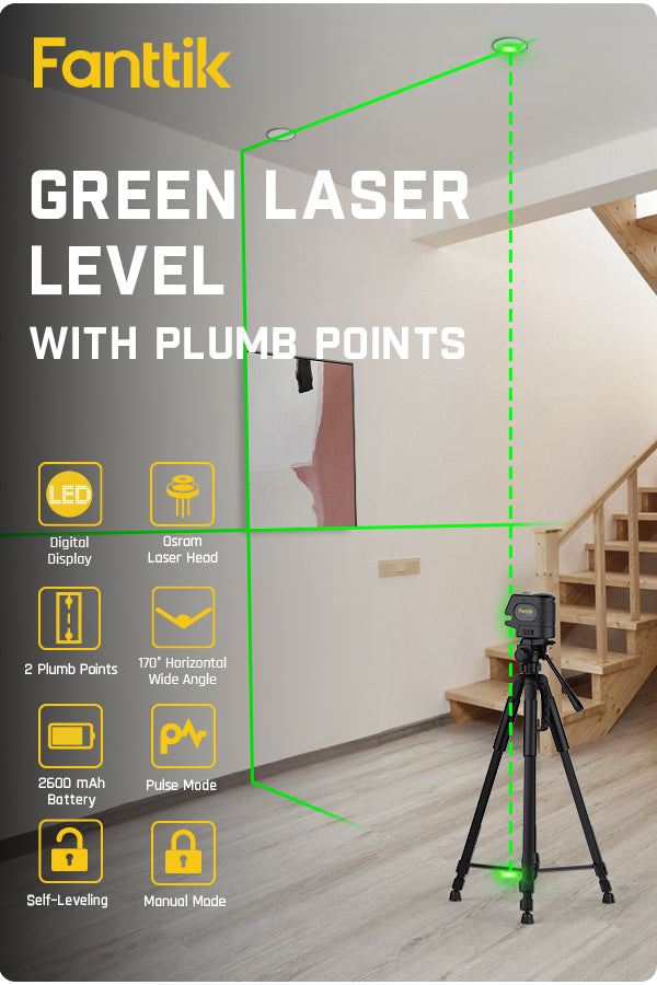 Fanttik D2 APEX Laser Level with Plumb Points, 100 ft Self-Leveling Green Cross Line Laser, 170° Horizontal Wide Angle, Magnetic Bracket, for Picture Hanging and Home Improvement