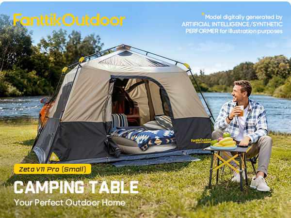 Camping tent with a man sitting at a table by a lake, featuring FanttikOutdoor branding.