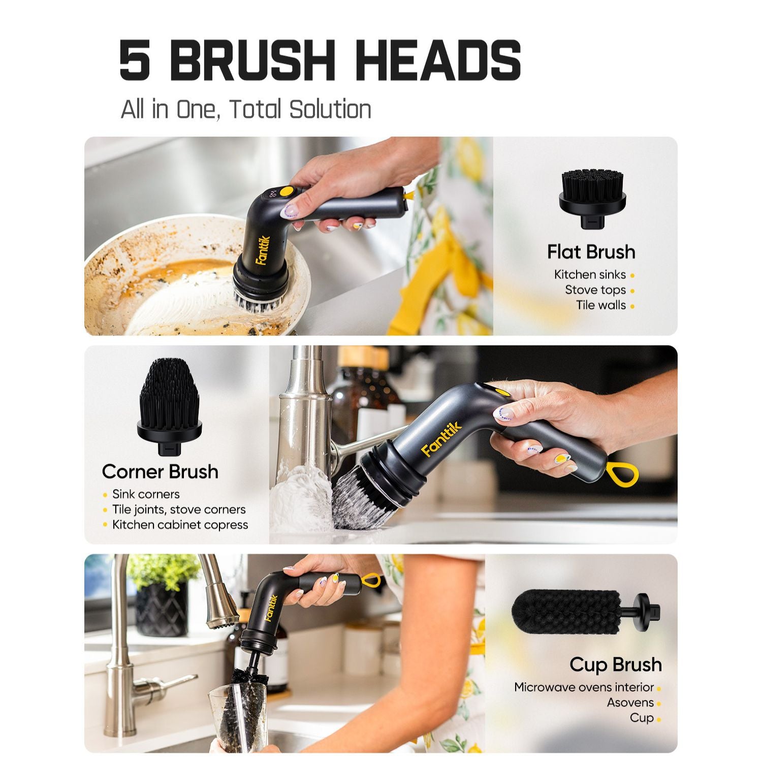 Fanttik G9 Handy Cordless MagnaStorm Electric Spin Scrubber, Dual-Speed Control with 5 Brush Heads, LED Display, IPX7 Waterproof, 2500mAh Battery with Type-C Charging, for Kitchen, Sink, Tile, Stove