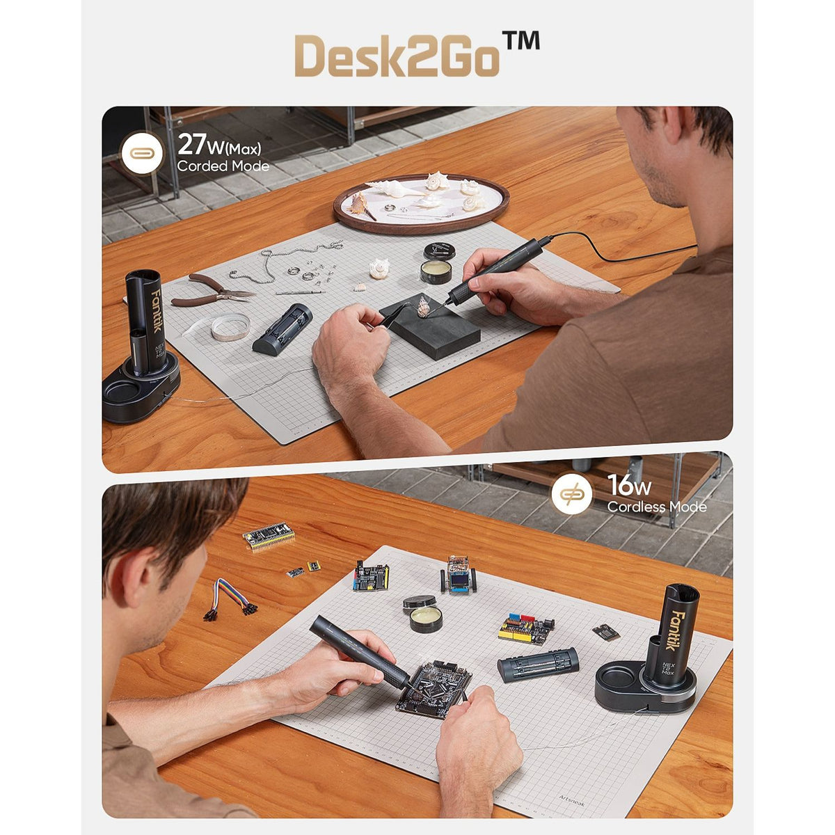 The image is divided into two parts, showing a man soldering electronic components using the Fanttik T2 Max Cordless Soldering Iron Kit in both 27W and 16W modes.