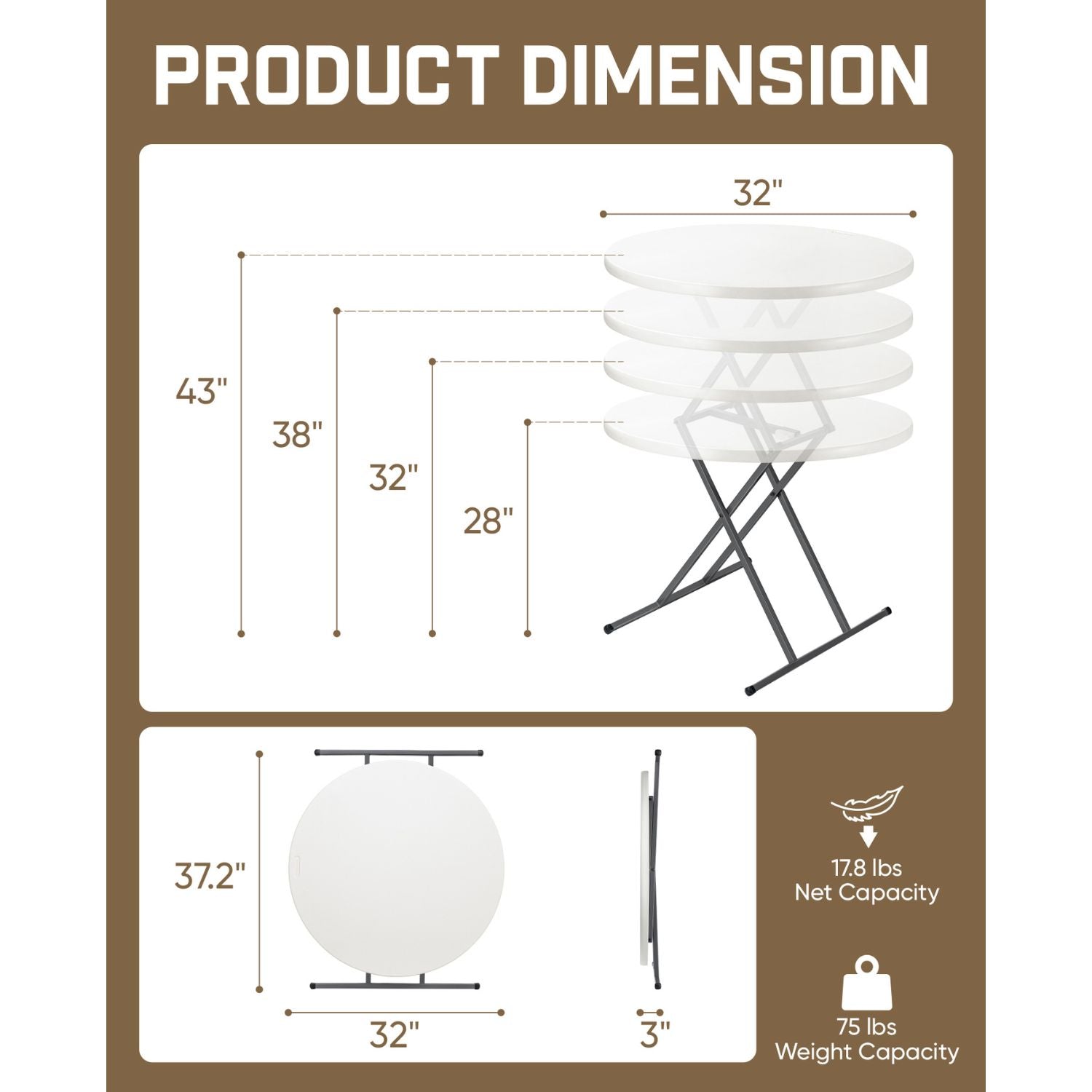 FanttikOutdoor 32" Round Folding Table 4 Heights Adjustable, One-Hand Quick Lift, Instalift, Plastic Portable Indoor Outdoor Table for Parties Commercial Events, 1 Pack, Granite White Zeta O3 Pro