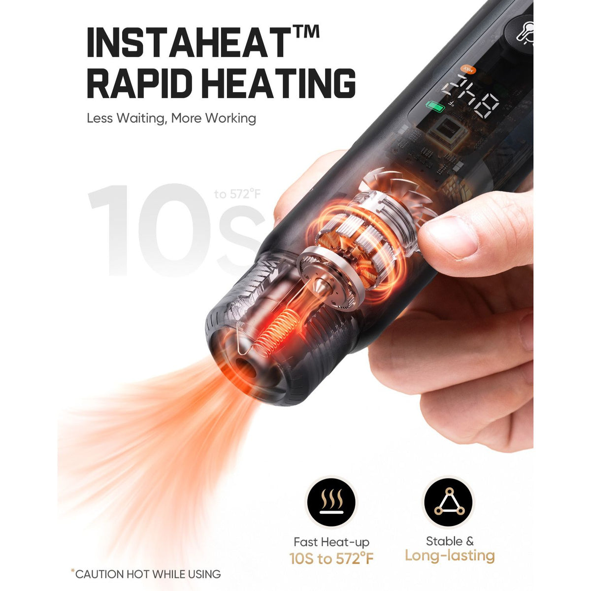 A hand holding a black handheld heat gun with a digital display and glowing orange internal heating element, shown with marketing text reading 'INSTAHEAT RAPID HEATING' and icons for fast heat-up and long-lasting use.