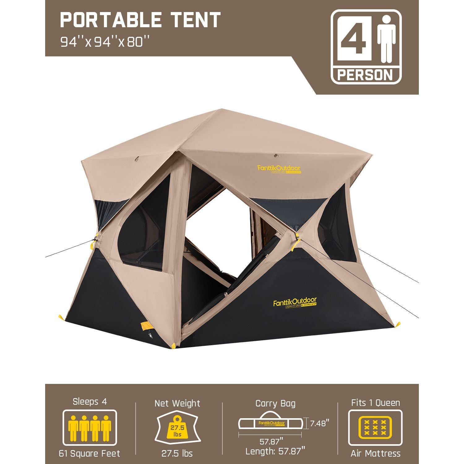 FanttikOutdoor Alpha C4 Ultra Instant Cabin Tent, beige and black, sleeps 4, measures 94x94x80 inches, 61 square feet, 27.5 lbs weight, fits one queen-size air mattress