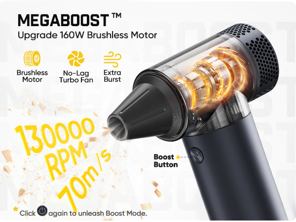 Black B11 Mix Pro 2-in-1 Electric Air Duster with 'MEGABOOST' branding and technical specifications on a white background