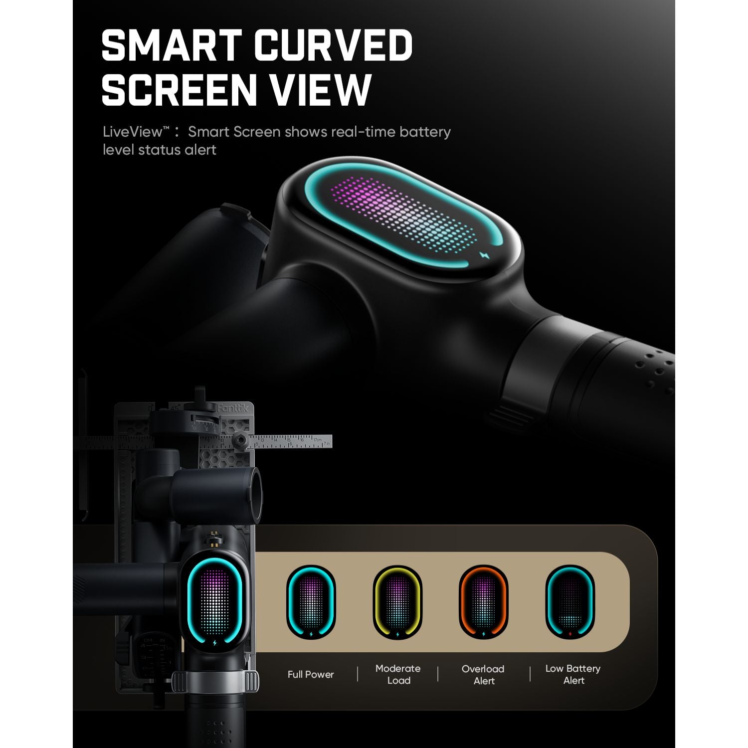 O11 Apex 4-1/2 inch Cordless Circular Saw with a curved screen display showing battery status. The image includes marketing text reading 'SMART CURVED SCREEN VIEW' and five screen-level battery status indicators on a dark background.