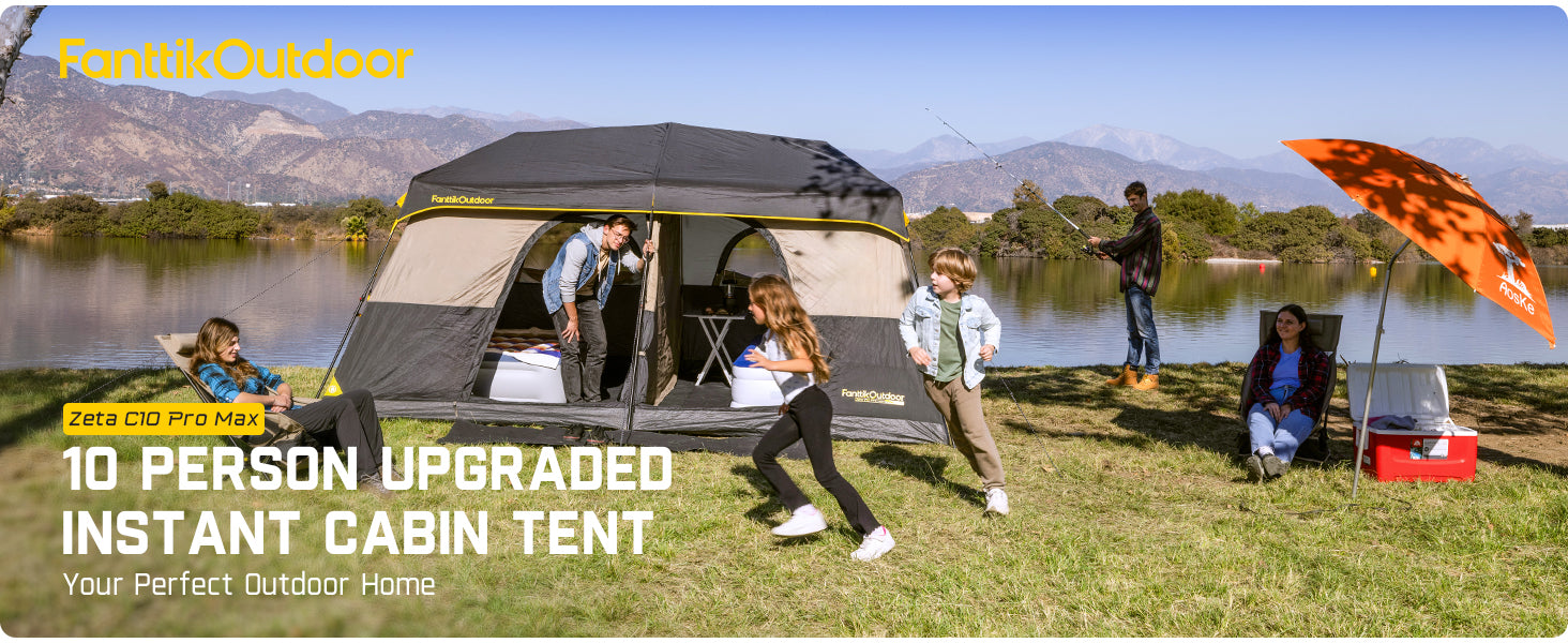 FanttikOutdoor Instant Cabin Tent 10 Person Camping Tent Setup in 60 Seconds with Rainfly & Windproof Portable with Carry Bag for Family Camping & Hiking, Upgraded Ventilation