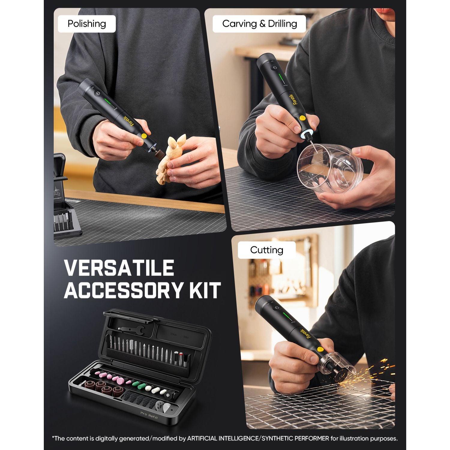 A collage showing a versatile accessory kit for a rotary tool. The top three panels demonstrate the black and green rotary tool in use for polishing, carving, and cutting, while the bottom left panel shows the open black carrying case filled with various sharpening stones and accessories.