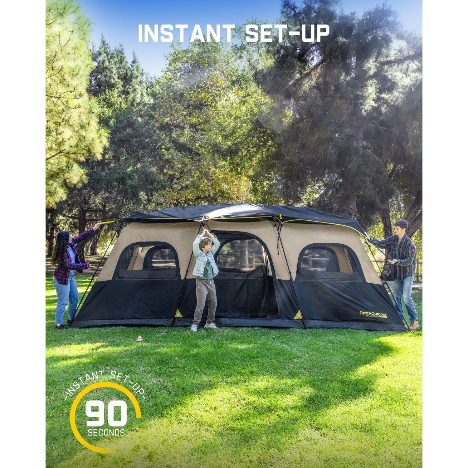 FanttikOutdoor Instant Cabin Tent 12 Person Camping Tent Setup in 60 Seconds with Rainfly & Windproof Portable with Carry Bag for Family Camping & Hiking, Upgraded Ventilation