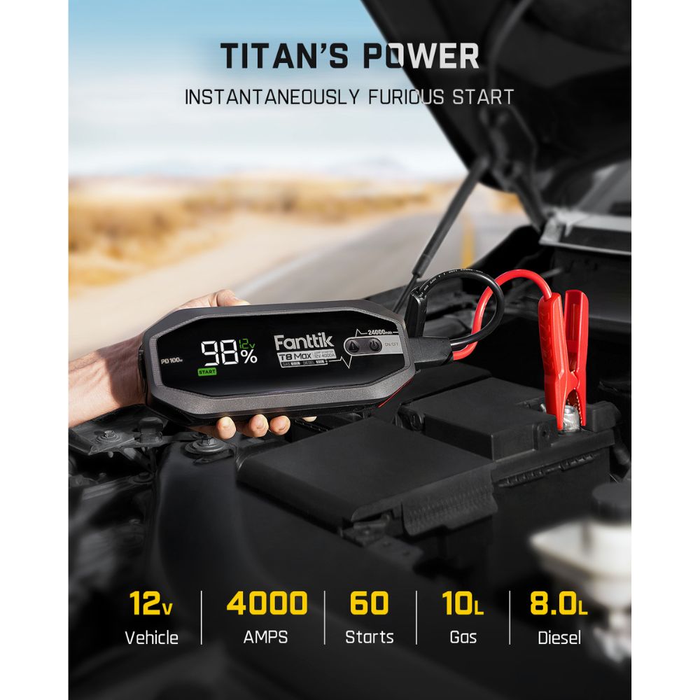 FANTTIK T8 MAX Upgrade 4000 Amp Jump Starter, 24000mAh Car Battery Pack for Up to 10.0L Gasoline and 8.0L Diesel Engines with LED Display, 100W Fast Charging, 12V Extreme Safe Lithium Portable
