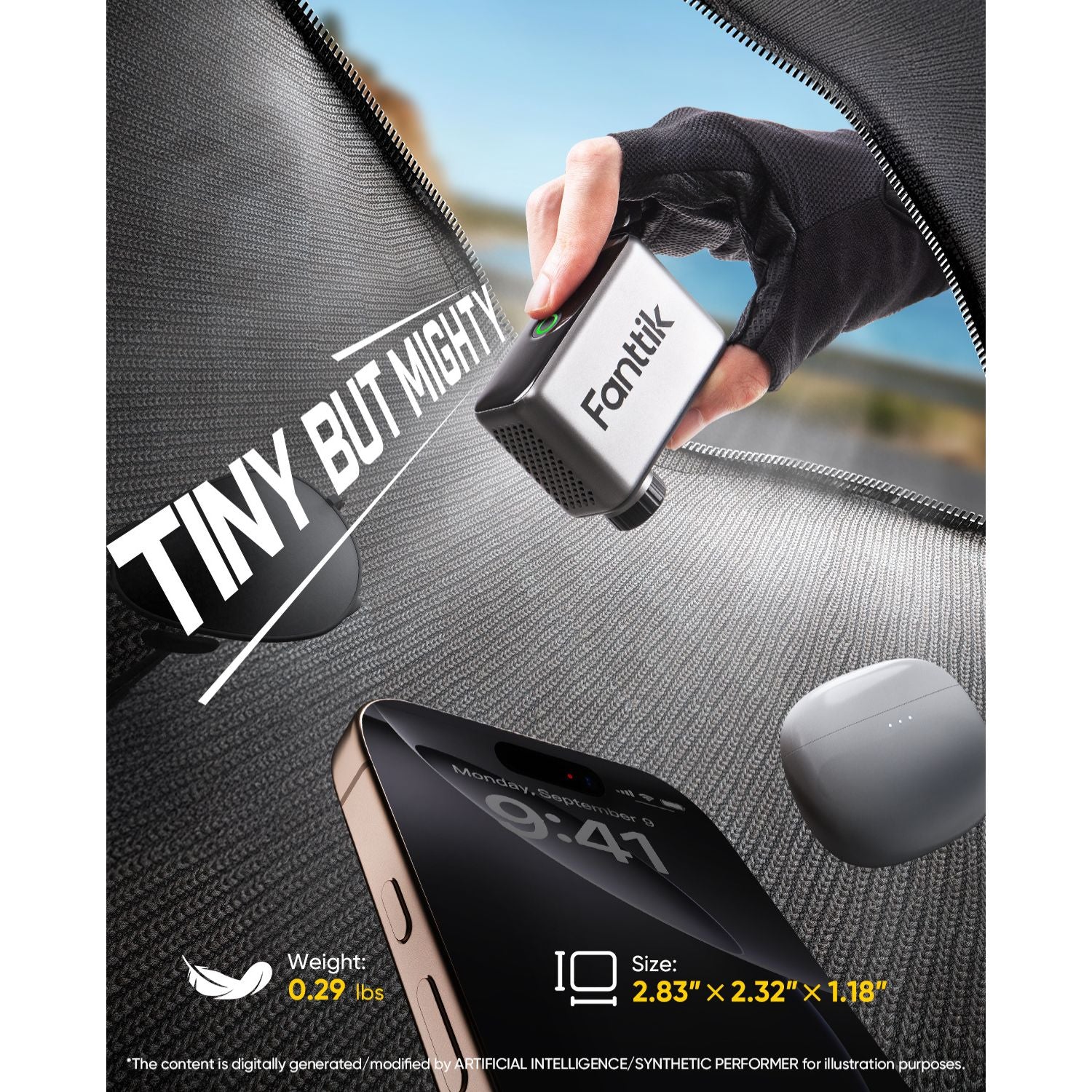 A hand wearing a black glove holds a small silver and black Fanttik bike pump above a smartphone inside a dark textured bag. Text on the image reads 'TINY BUT MIGHTY' with product specs below.