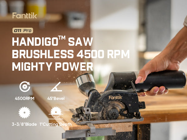 A hand holding a Fanttik O11 Pro 3-3/8 Inch Cordless Circular Saw with a brushless motor, actively cutting wood in a workshop setting. The image features prominent white text overlays detailing the product's features, including 4500 RPM, 45-degree bevel, and 3-3/8 inch blade.
