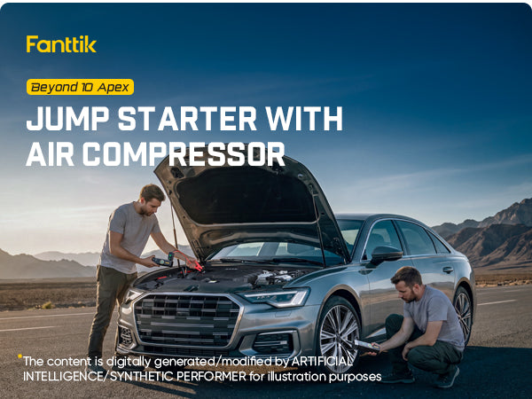 A promotional graphic for a 'Jump Starter with Air Compressor' by Fanttik, showing a silver sedan with its hood open on a desert road, with two men working underneath. The image features large text overlays and branding.