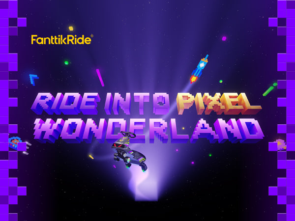 Promotional graphic for FanttikRide featuring the text 'RIDE INTO PIXEL WONDERLAND' in large pixelated purple and orange lettering, with a small futuristic vehicle and rocket against a dark purple space background with pixel-style borders.