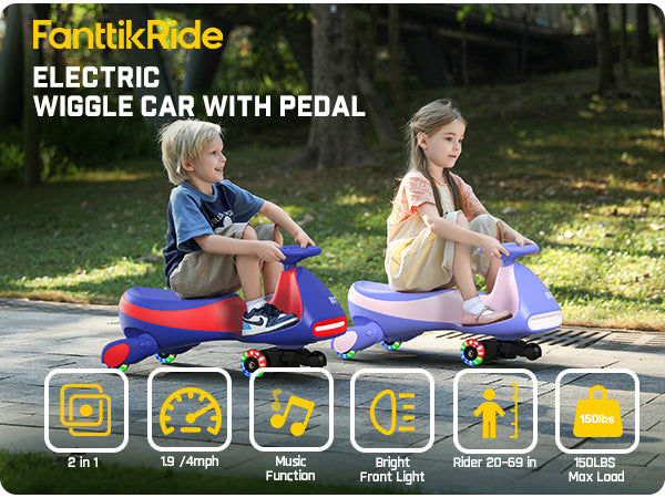 FanttikRide N7 Pro Electric Wiggle Car with Pedal, 12V Rechargeable Battery, 2 in 1 Swing Car, 2 Speed Ride On Toy, Anti-Rollover, Flashing Wheels, Bluetooth, Wiggle Car for 3 Years+, 150 Lbs