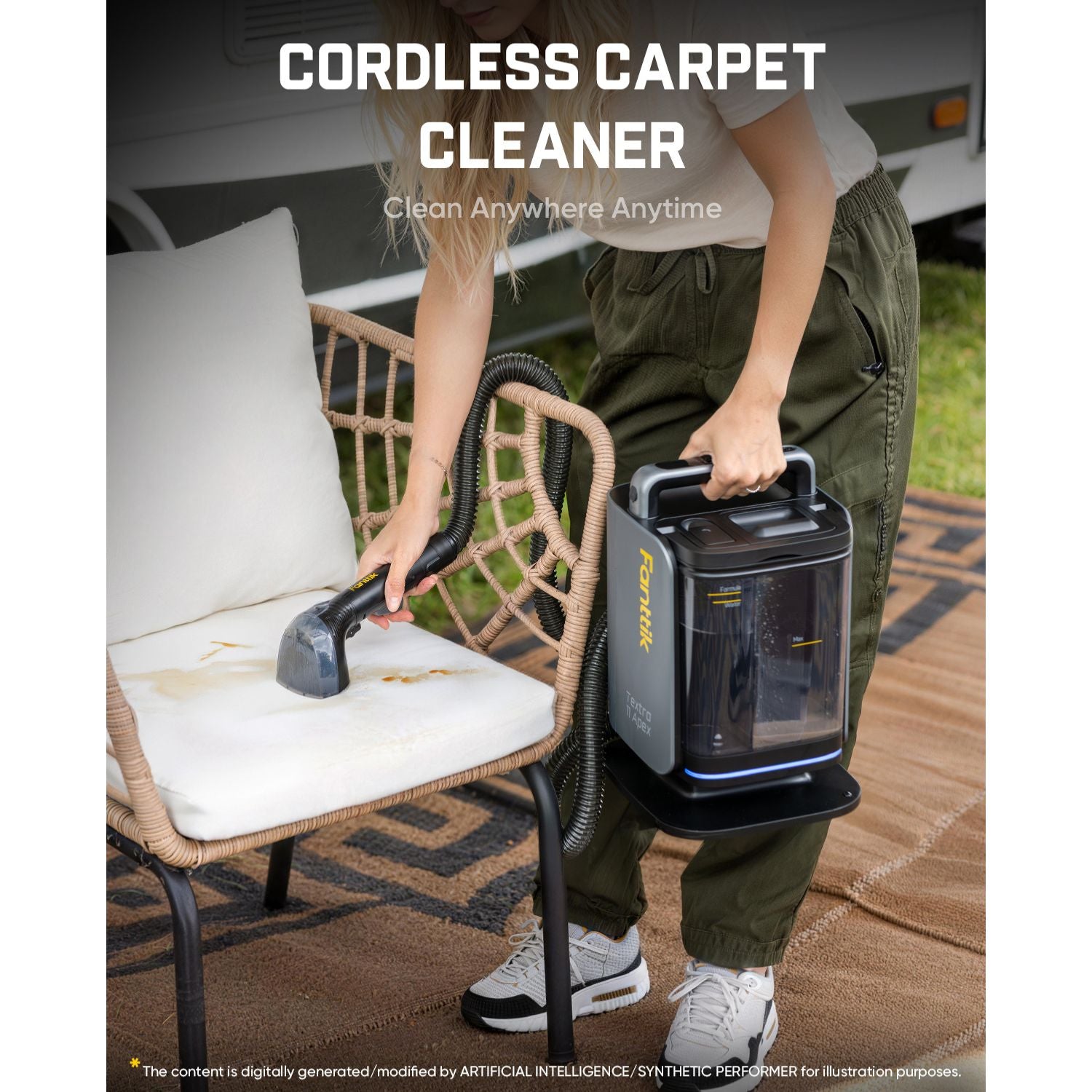 A cordless carpet cleaner being used to clean a patio chair outdoors. A person in olive green cargo pants and white sneakers holds the black and gray canister cleaner while attaching its wand to the chair cushion.