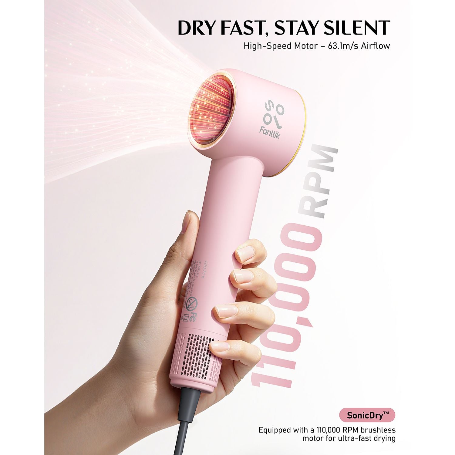 Fanttik Solo SonicDry H10 PRO 5X Faster Drying with 110,000 RPM Brushless Motor Hair Dryer, 56dB Low-Noise, 0.72lb Ultra-Light Blow Dryer, Ionic Tech for Travel, Home, Salon