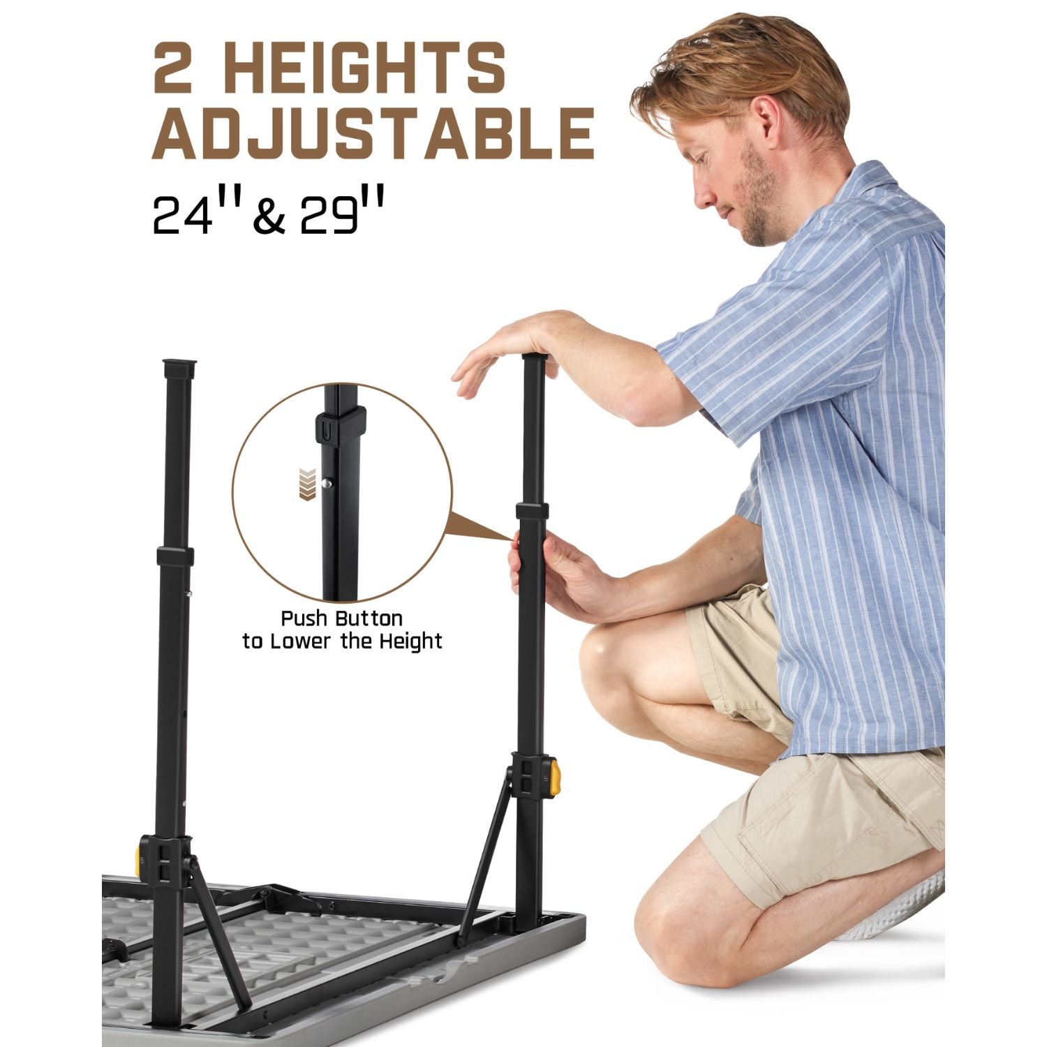 FanttikOutdoor 34" Square Folding Card Table, Two Heights Adjustable, Max Load 300 lbs, Portable Table with Lock Button, for Indoor/Outdoor, Home, Parties, Picnics, Puzzle