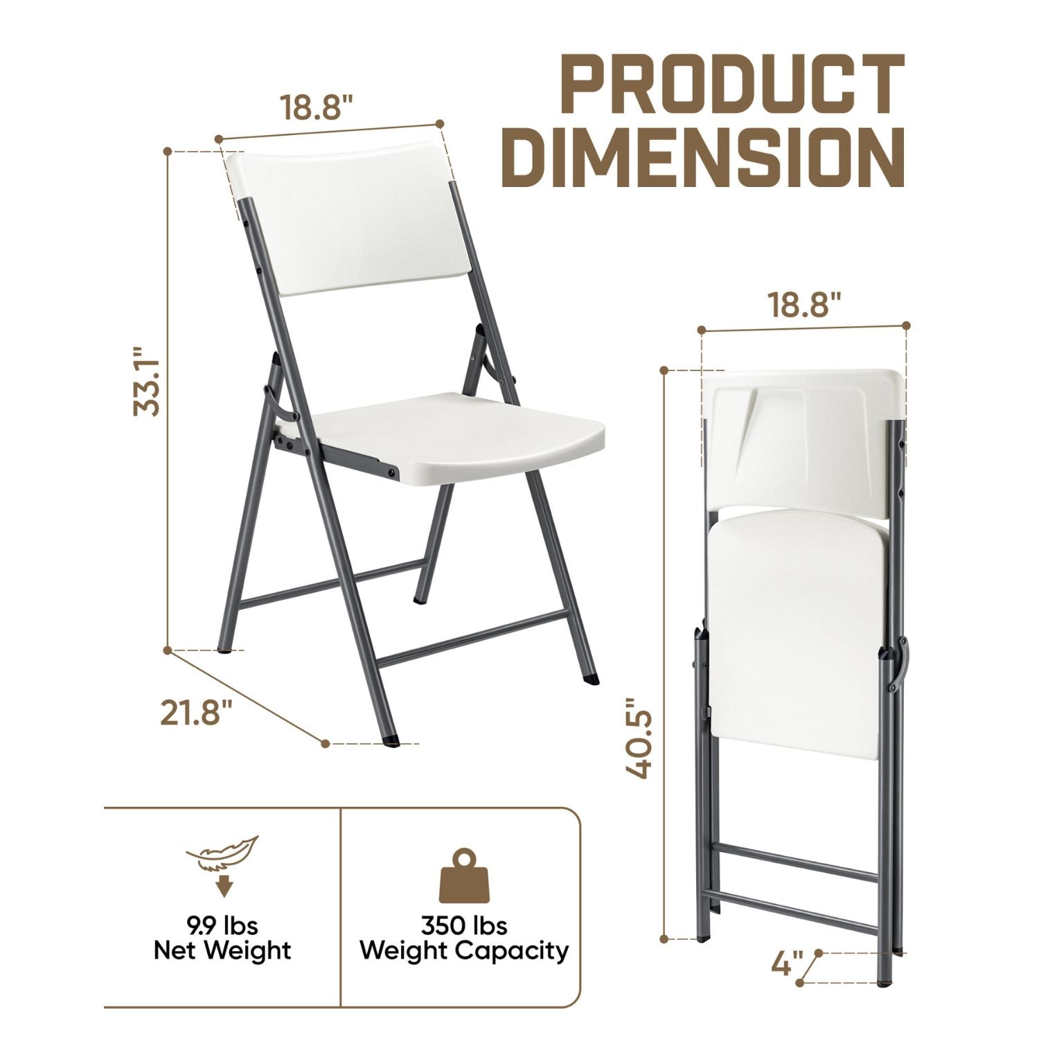 FanttikOutdoor Portable Plastic Folding Chair, Indoor Outdoor Comfortable Sturdy Office Seat with Steel Frame, 350 lbs Capacity for Home, Party, Wedding, Garden, Stadium, 4-Pack, White Zeta H8 Lite