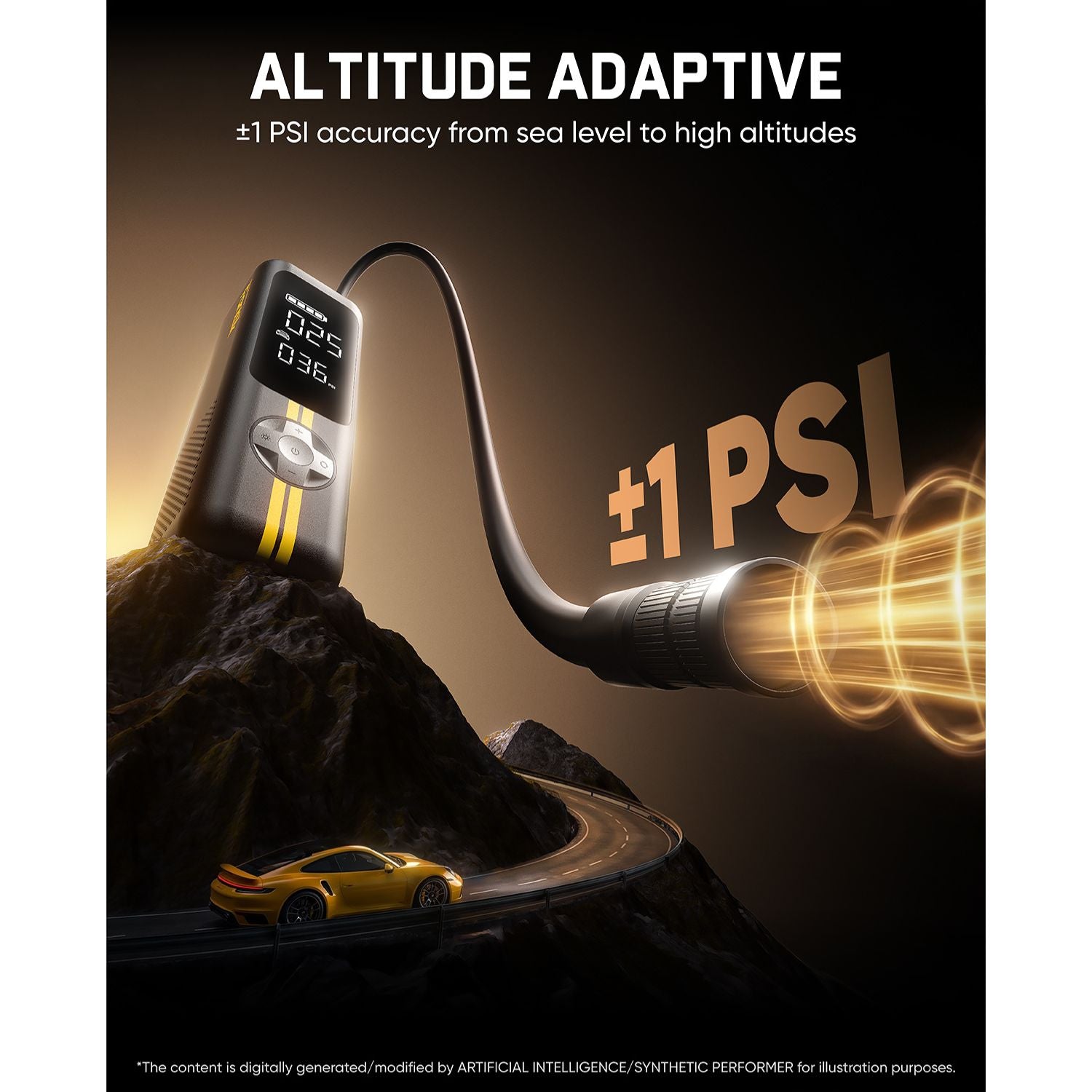 A digital tire pressure gauge with a curved hose is shown mounted on a rocky mountain scene, with a yellow car on a winding road below. The image includes text reading 'ALTITUDE ADAPTIVE' and '±1 PSI accuracy from sea level to high altitudes,' along with large '±1  PSI' lettering and glowing light effects.