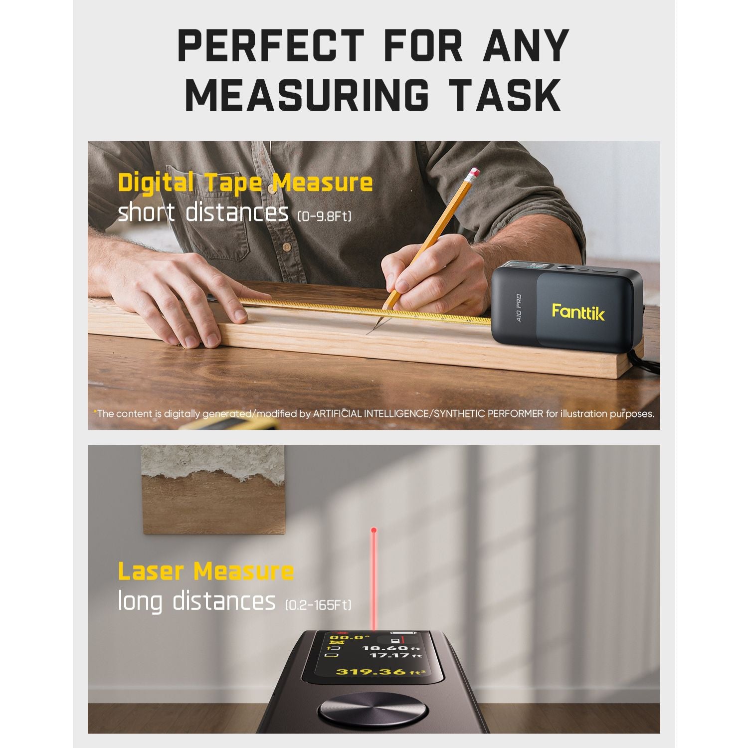 Promotional graphic for a digital tape measure and laser measure combo. The top panel shows a person using the digital tape measure on a wooden board, with text reading 'Digital Tape Measure short distances (0-9.