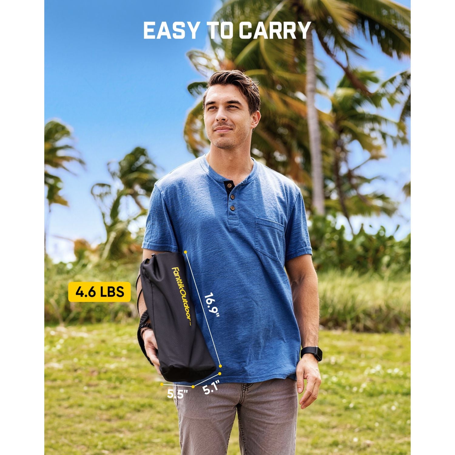 Man holding a black bag with text 'Easy to Carry' and '4.6 LBS' in a tropical setting.