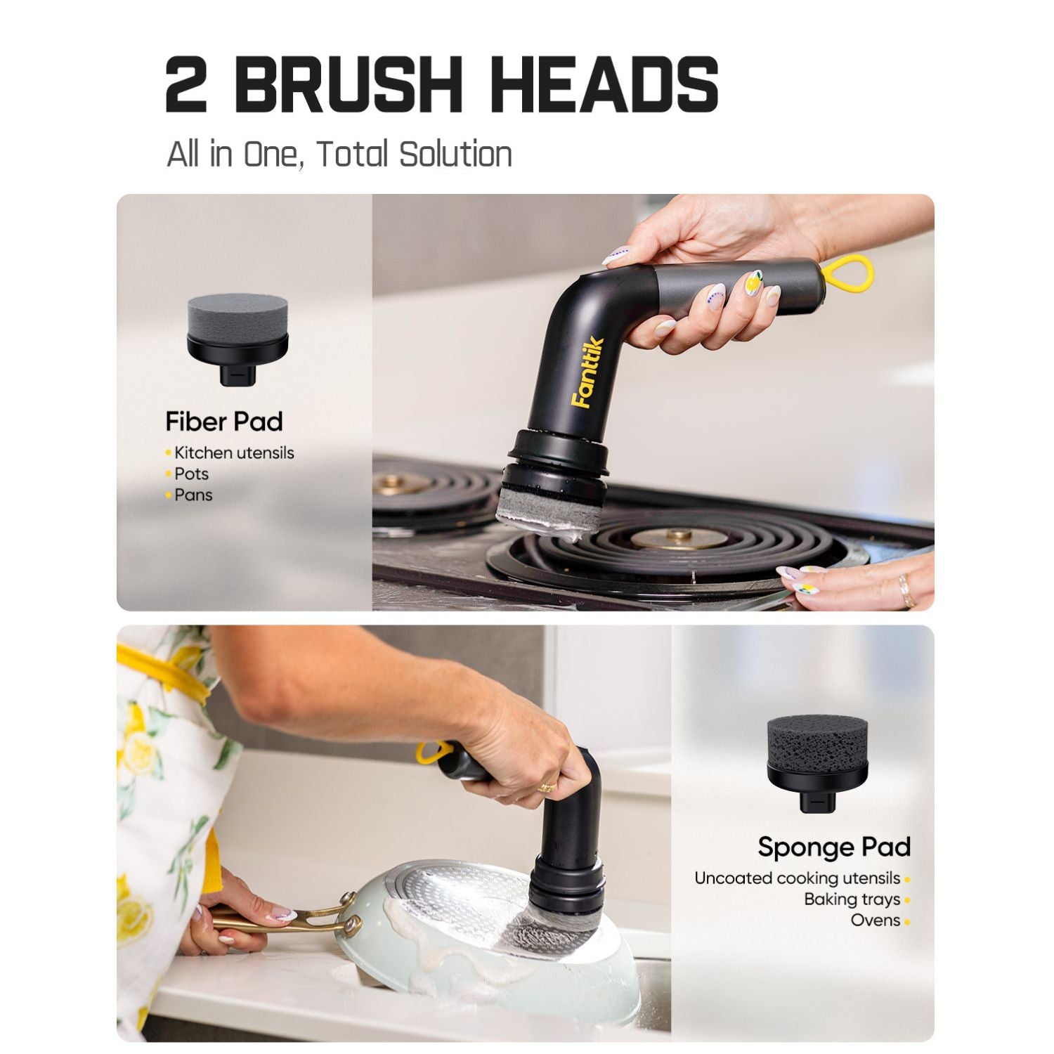 Fanttik 7-in-1 Brush Head Set, designed for deep cleaning in sinks, stoves, countertops, tiles, range hoods, dishes, and more—perfect for tackling a variety of tough cleaning tasks