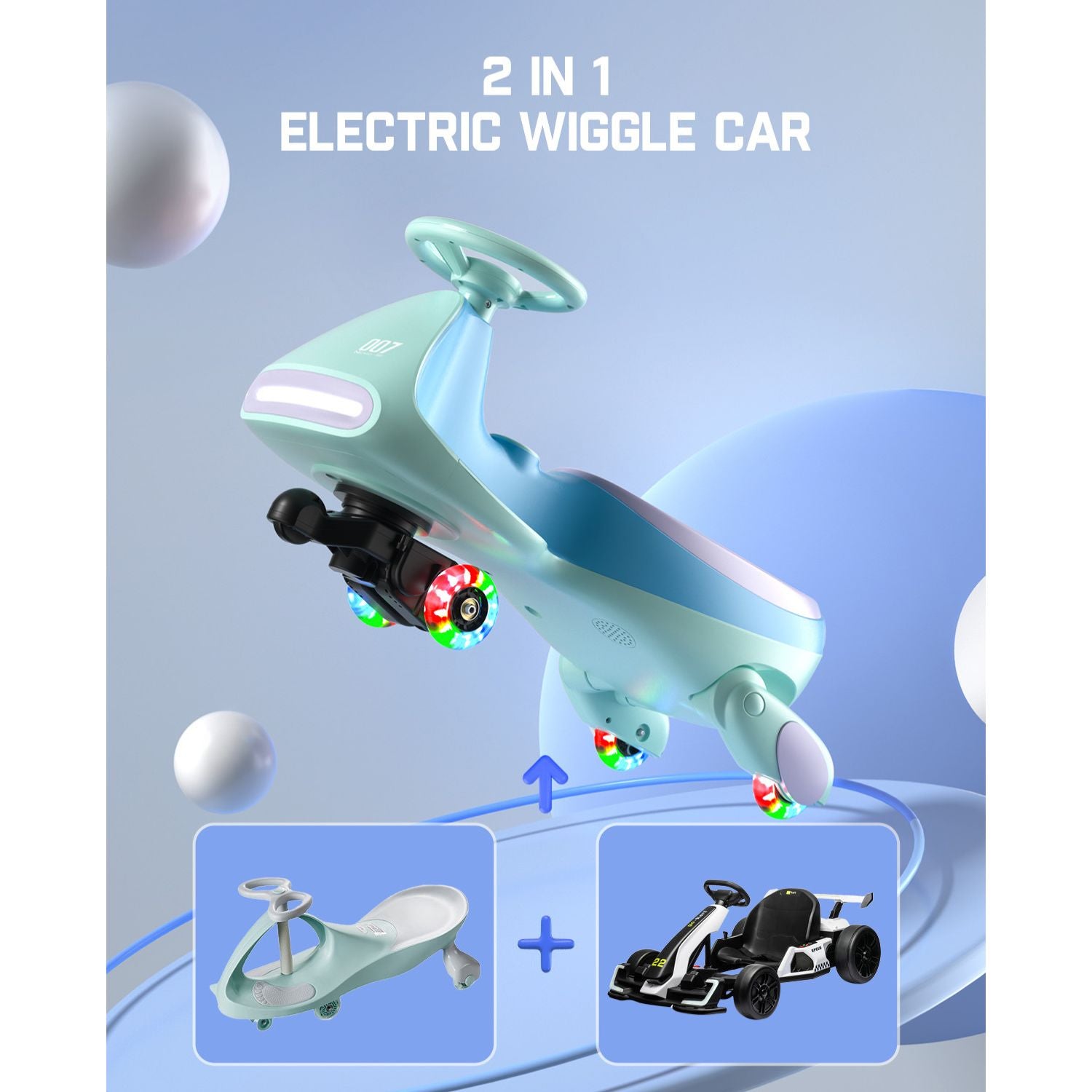 FanttikRide N7 Classic Electric Wiggle Car with Pedal, 6V Rechargeable Battery, 2 in 1 Swing Car, 2 Speed Ride On Toy, Anti-Rollover, Flashing Wheels, Bluetooth, Wiggle Car for 3 Years+, 150 Lbs