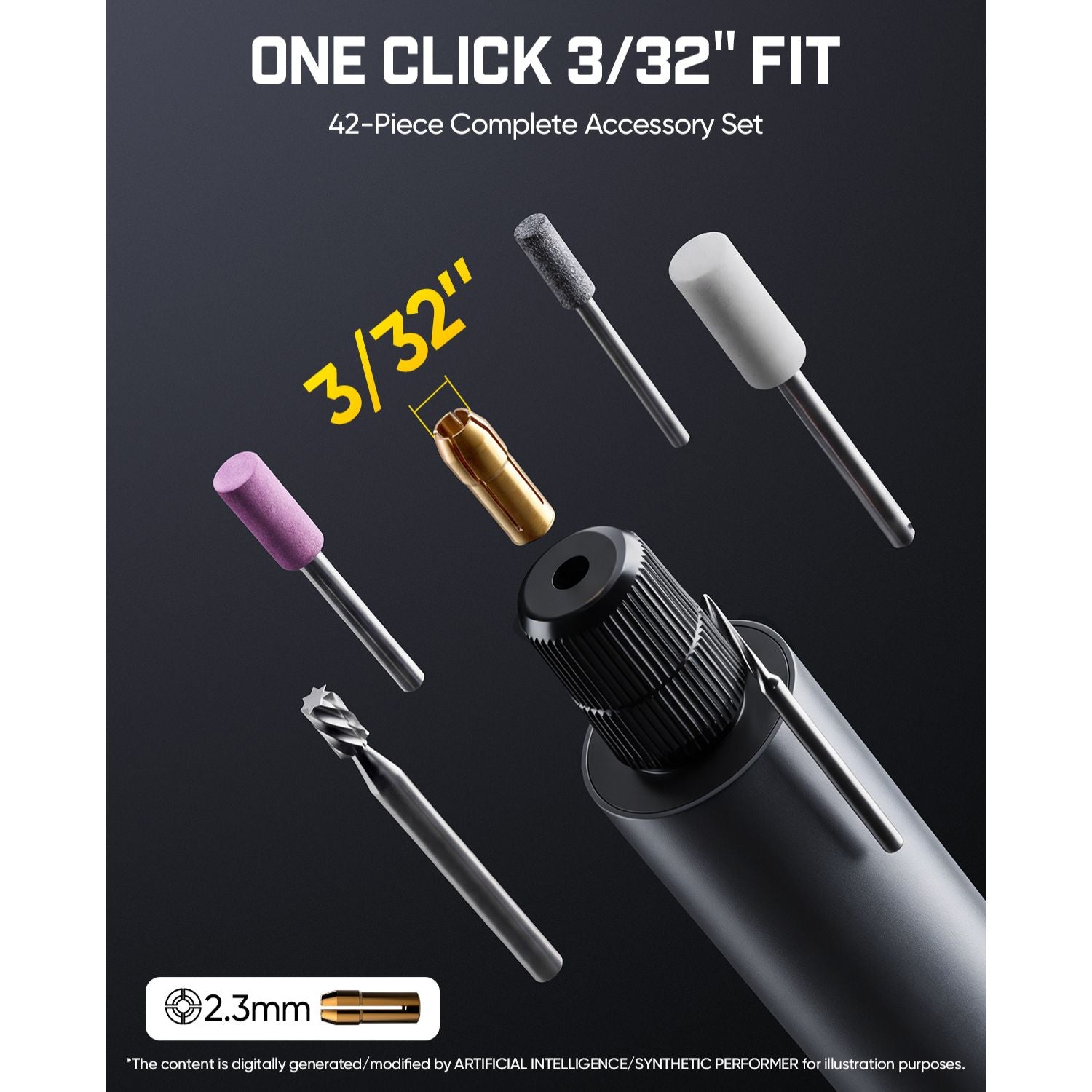 A 42-piece rotary tool accessory set shown floating around a black rotary pen, with one bit removed and displayed to demonstrate a 3/32 inch fit. The set includes various metal bits and tips in silver, gold, white, and pink, on a dark gray background with text overlays.