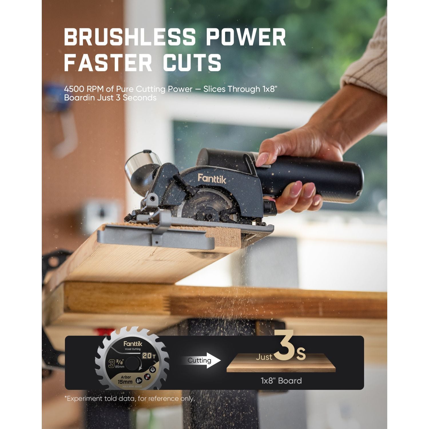 A person holds a O11 Pro 3-3/8 Inch Cordless Circular Saw table saw cutting a piece of wood. The image features marketing text at the top reading 'BRUSHLESS POWER FASTER CUTS' and a speed graphic at the bottom indicating 'Just 3s' to cut a 1x8 board.