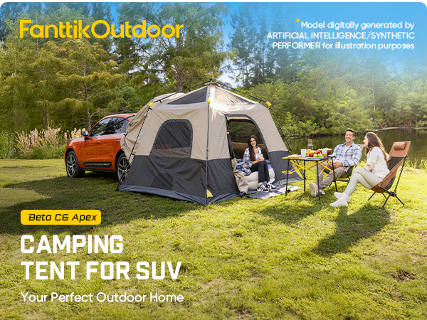 Camping tent for SUV with people enjoying a picnic by a lake, featuring FanttikOutdoor branding.