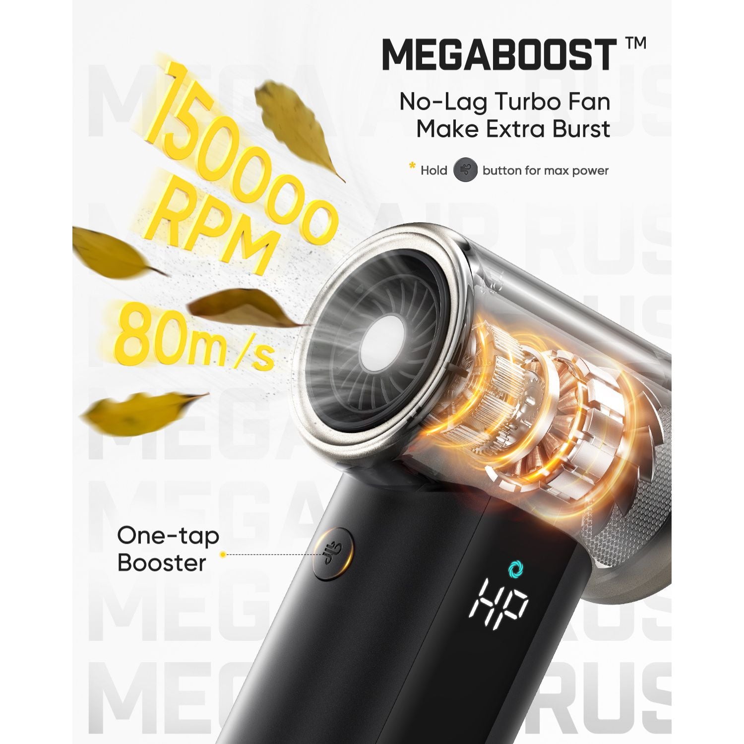 A Megablast turbo fan shown on a white background with promotional text highlighting 150000 RPM, 80m/s airflow, and a one-tap booster button. The fan has a black body, clear outer casing, and visible orange internal fan blades.
